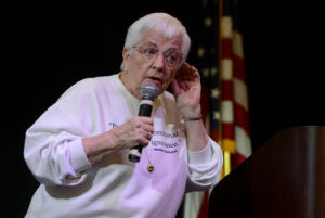 Jane Elliott talks about race and racism at Cal State San Bernardino in San Bernardino, CA, Thursday, April 7, 2016. Elliott developed a classroom experiment in 1968 for her all-white class of third graders to teach them about discrimination and racism by separating those with blue eyes from those with brown eyes. (Photo by Jennifer Cappuccio Maher/The Sun)