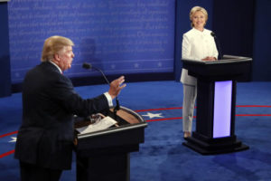 Republican presidential nominee Donald Trump debates Democratic presidential nominee Hillary Clinton during the third presidential debate at UNLV in Las Vegas, Wednesday, Oct. 19, 2016. (Mark Ralston/Pool via AP)